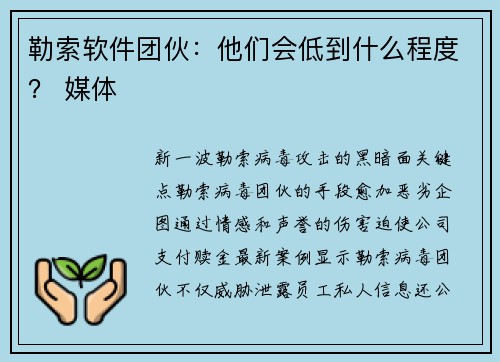 勒索软件团伙：他们会低到什么程度？ 媒体